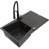 Mexen Cesar granite kitchen sink, 1-bowl with drainer and Aster kitchen faucet, black/golden metallic - 6514-75-73450-70-B