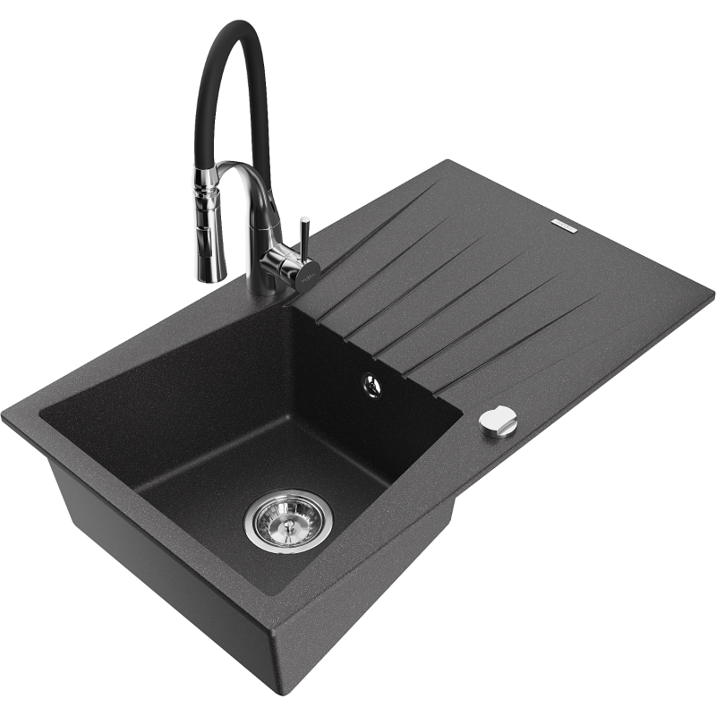 Mexen Cesar fregadero de cocina de granito de 1 seno con escurridor y grifo de cocina Aster, negro moteado - 6514-76-73450-07