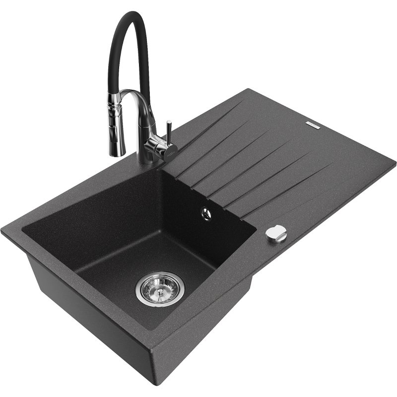 Mexen Cesar granite sink 1-bowl with drainer and kitchen tap Aster, speckled black - 6514-76-73450-07