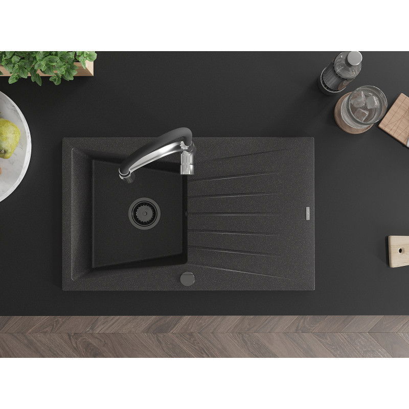Mexen Cesar granite sink 1-bowl with drainer and Aster kitchen faucet, speckled black - 6514-76-73450-07-B