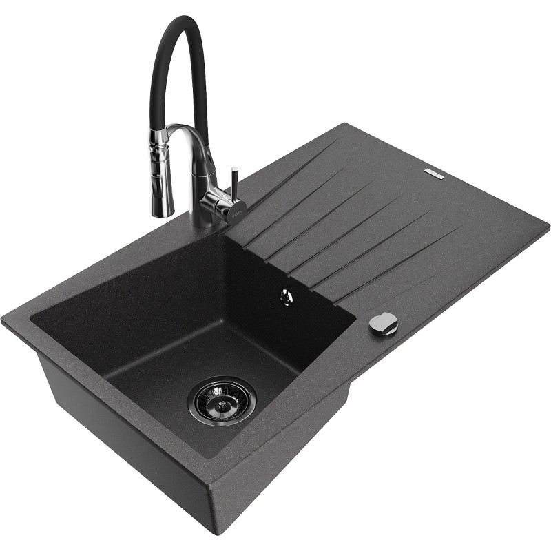Mexen Cesar fregadero de granito de 1 compartimiento con escurridor y grifo de cocina Aster, negro moteado - 6514-76-73450-07-B