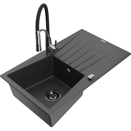 Mexen Cesar granite sink 1-bowl with drainer and Aster kitchen faucet, speckled black - 6514-76-73450-07-B