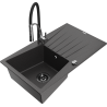 Mexen Cesar granite sink 1-bowl with drainer and Aster kitchen faucet, speckled black - 6514-76-73450-07-B