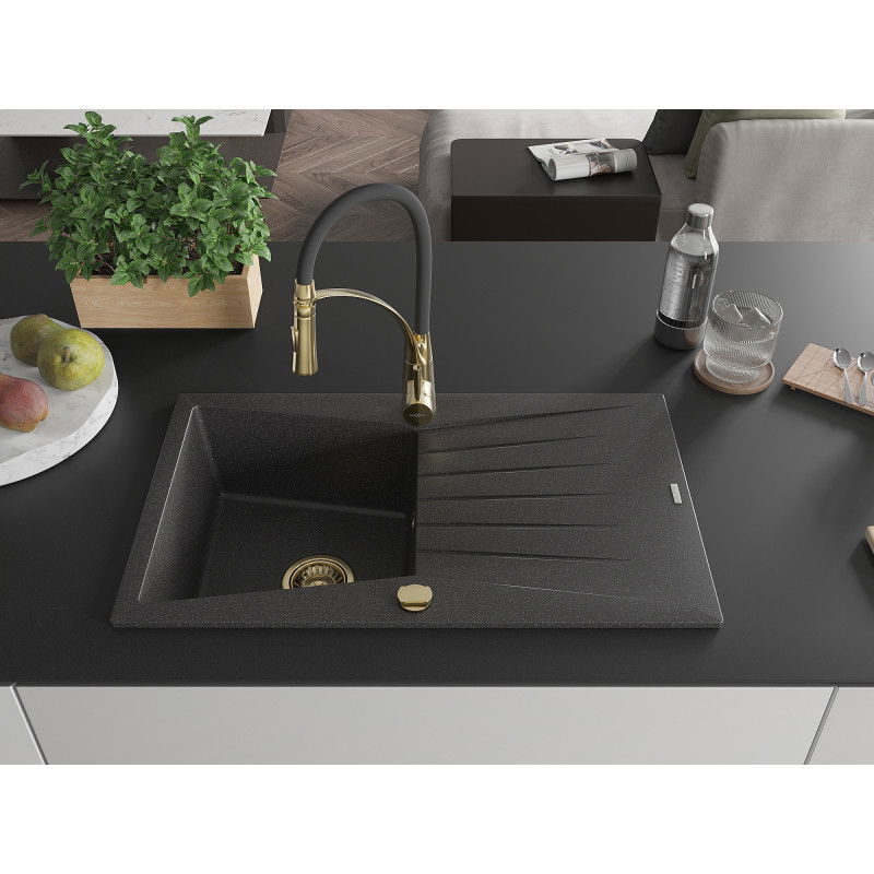 Mexen Cesar granite sink 1-bowl with drainer and Aster kitchen tap, black speckled - 6514-76-73450-57-G