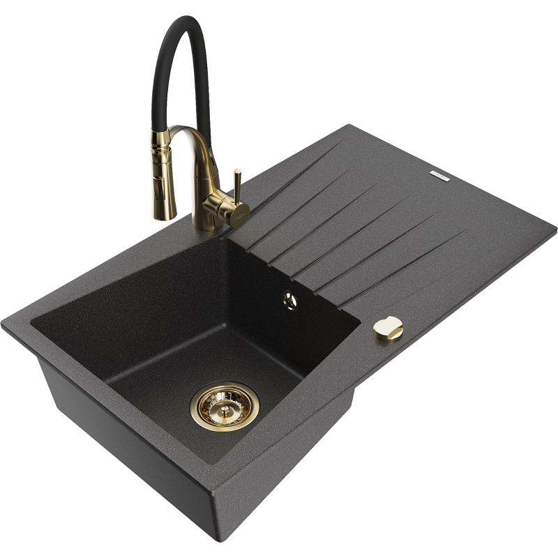 Mexen Cesar granīta izlietne ar 1 nodalījumu, noteces un virtuves jaucējkrānu Aster, melna ar šļakatām - 6514-76-73450-57-G