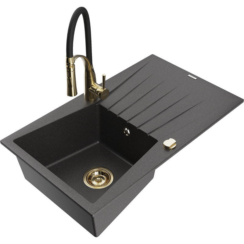 Mexen Cesar granite sink 1-bowl with drainer and Aster kitchen tap, black speckled - 6514-76-73450-57-G