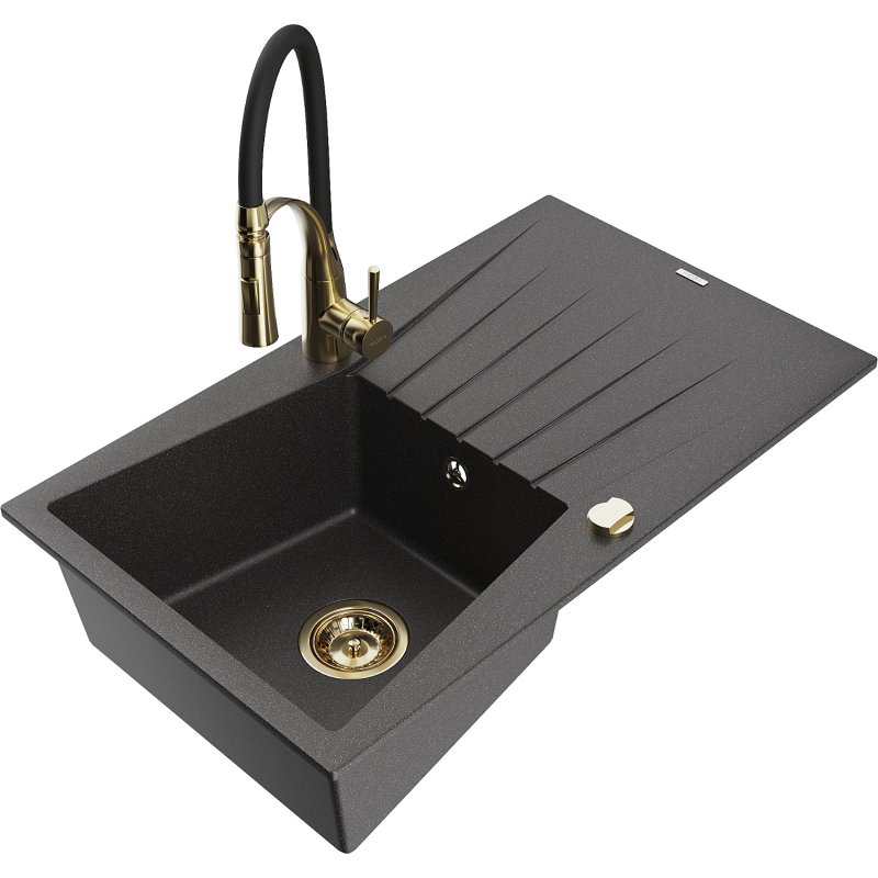 Mexen Cesar lava-loiça de granito de 1 bacia com escorredor e torneira de cozinha Aster, preto salpicado - 6514-76-73450-57-G