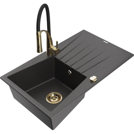 Mexen Cesar Granit-Lavabo mat een Kommar mat Drëpschent an Kichebatterie Aster, schwaarz mam Sprëkelcher - 6514-76-73450-57-G