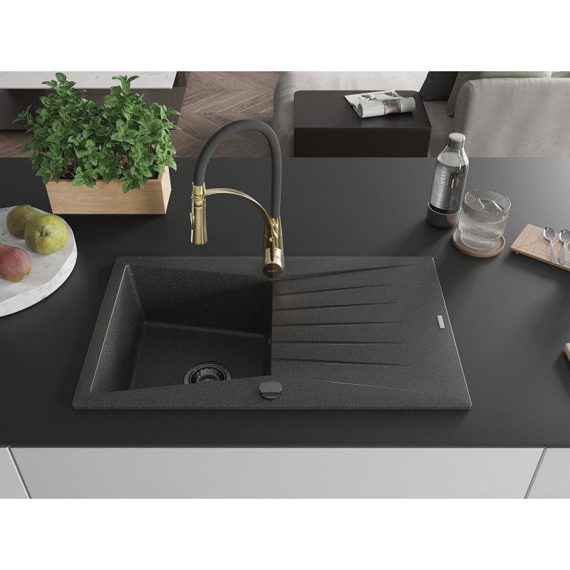 Mexen Cesar 1-bowl granite sink with drainer and Aster kitchen tap, speckled black - 6514-76-73450-57-B
