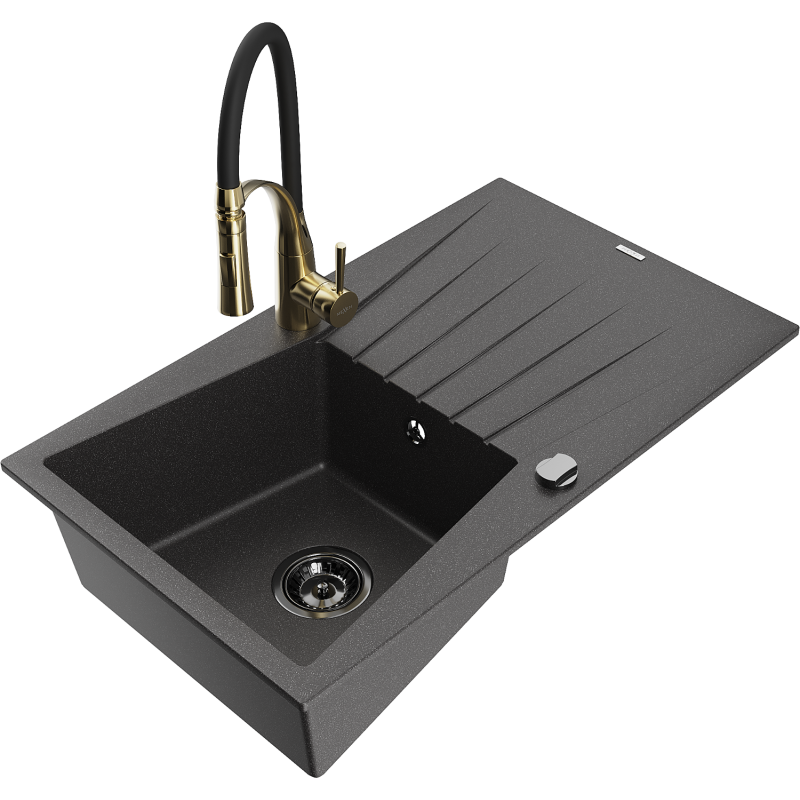 Mexen Cesar 1-bowl granite sink with drainer and Aster kitchen tap, speckled black - 6514-76-73450-57-B