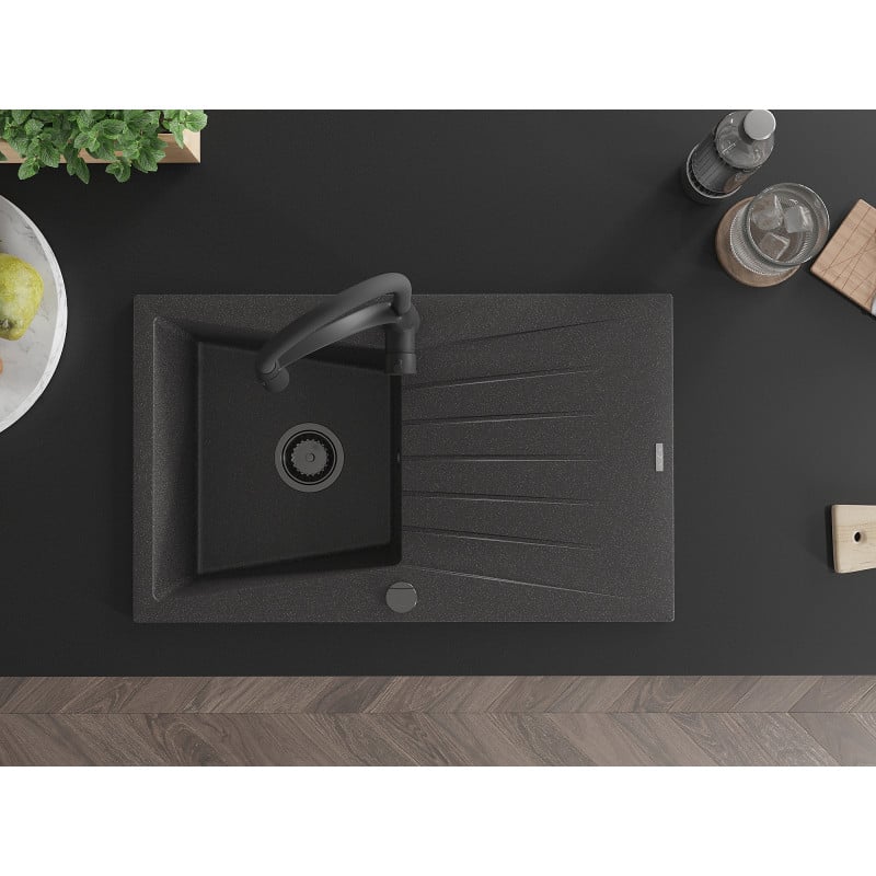 Mexen Cesar 1-bowl granite sink with drainer and Aster kitchen tap, black speckled - 6514-76-73450-70-B
