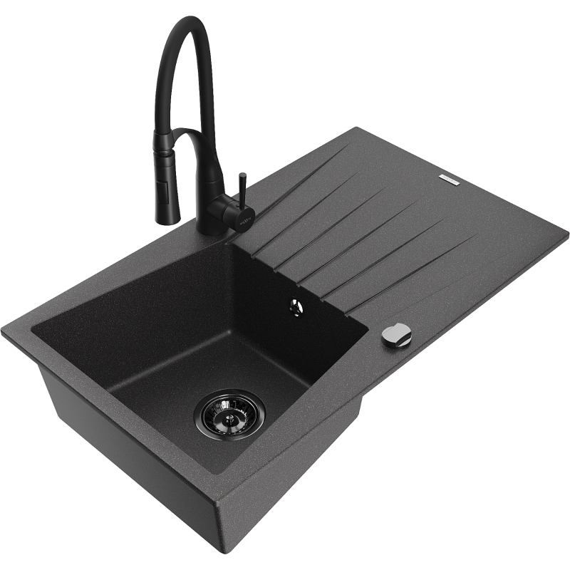 Mexen Cesar fregadero de granito de 1 seno con escurridor y grifo de cocina Aster, negro moteado - 6514-76-73450-70-B
