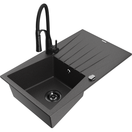 Mexen Cesar fregadero de granito de 1 seno con escurridor y grifo de cocina Aster, negro moteado - 6514-76-73450-70-B