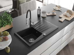 Mexen Cesar granite kitchen sink single-bowl with drainer and Aster kitchen tap, black - 6514-77-73450-07