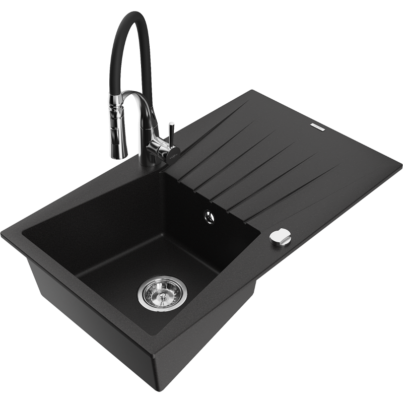 Mexen Cesar granitdiskho med 1 facka och avrinning samt köksblandare Aster, svart - 6514-77-73450-07