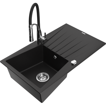 Mexen Cesar 1-bowl granite sink with drainer and Aster kitchen faucet, black - 6514-77-73450-07