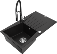 Mexen Cesar granite kitchen sink single-bowl with drainer and Aster kitchen tap, black - 6514-77-73450-07