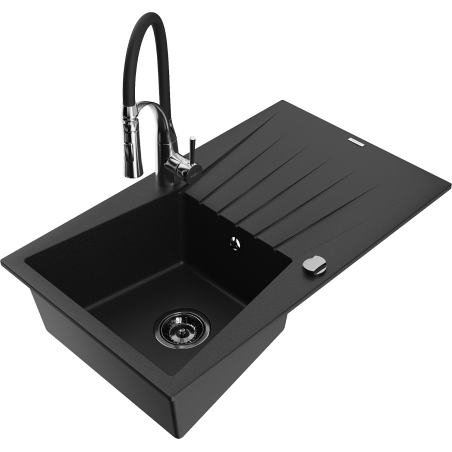 Mexen Cesar 1-bowl granite sink with drainer and Aster kitchen tap, black - 6514-77-73450-07-B