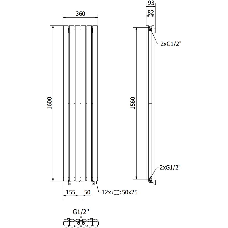 Mexen Dallas dekoratiivne radiaator 1600 x 360 mm, 1039 W, must - W214-1600-360-00-70