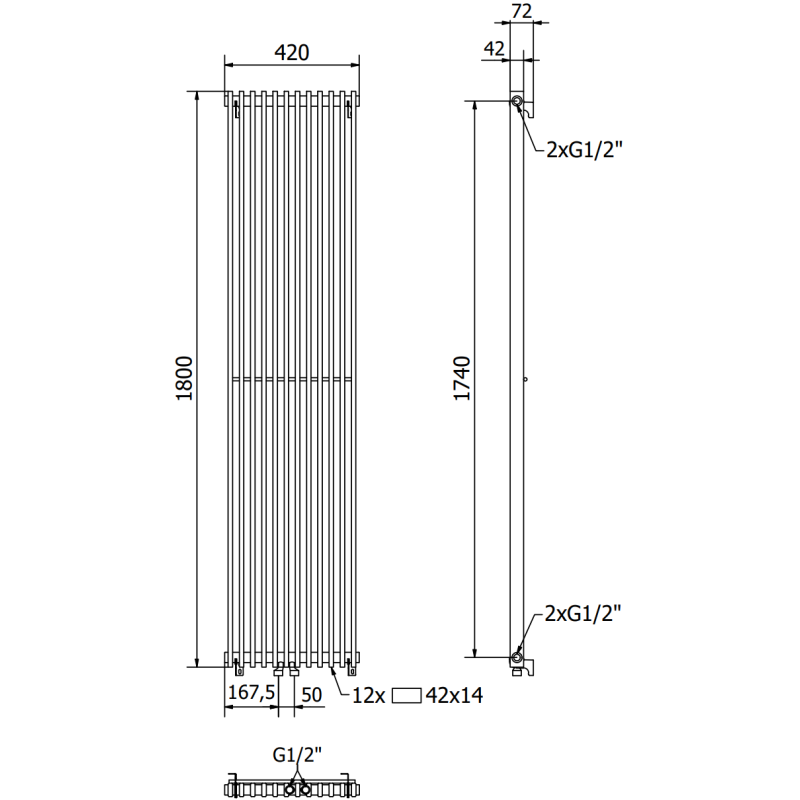 Mexen Kansas decoratieve radiator 1800 x 420 mm, 1242 W, zwart - W204-1800-420-00-70