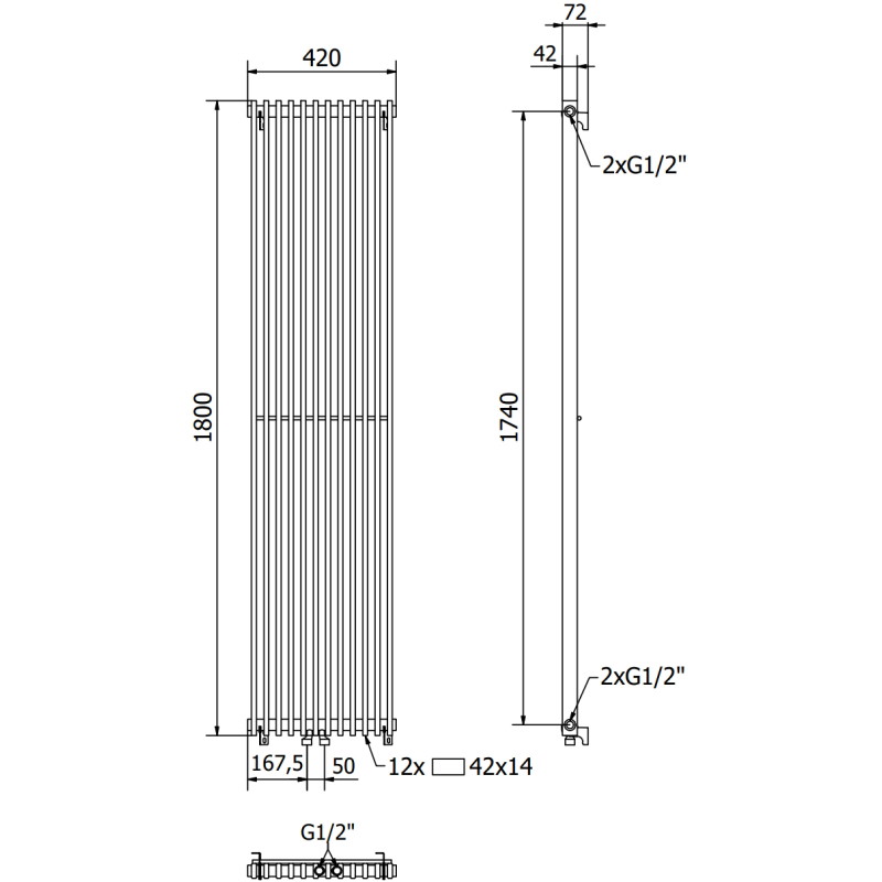 Mexen Kansas dekoratiivne radiaator 1800 x 420 mm, 1242 W, must - W204-1800-420-00-70