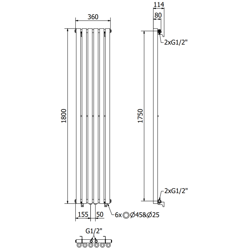 Mexen Nevada decoratieve radiator 1800 x 360 mm, 705 W, zwart - W201-1800-360-00-70