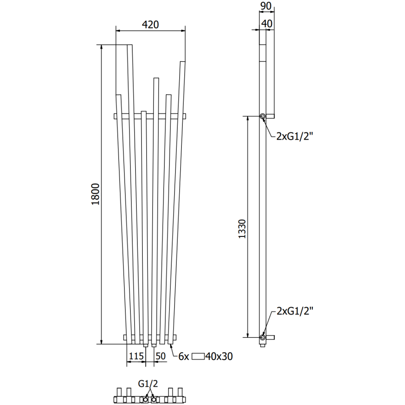 Mexen Omaha dekorativ radiator 1800 x 420 mm, 655 W, vit - W208-1800-420-00-20