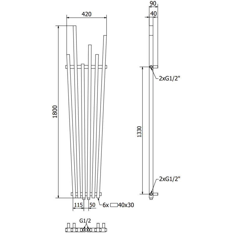 Mexen Omaha radiador decorativo 1800 x 420 mm, 655 W, negro - W208-1800-420-00-70