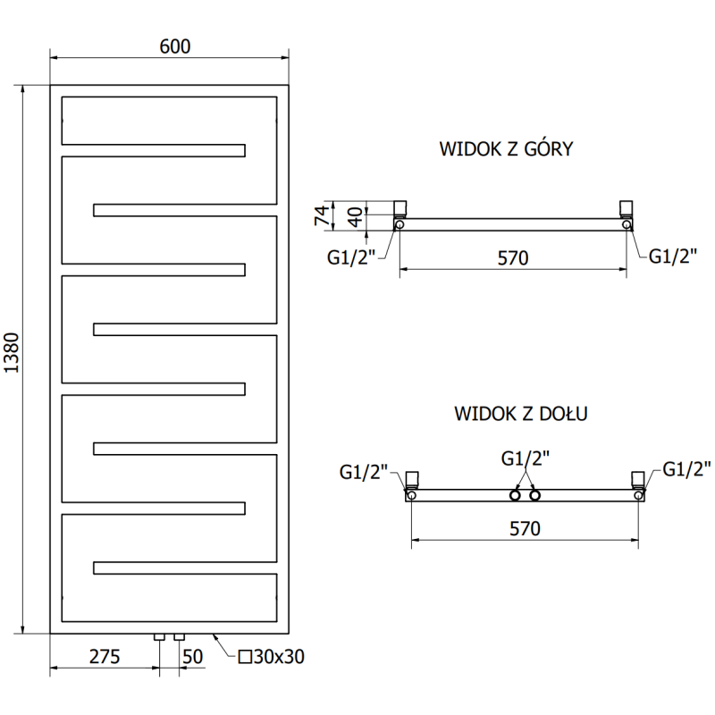 Mexen Orlando grzejnik dekoracyjny 1380 x 600 mm, 445 W, czarny - W207-1380-600-00-70