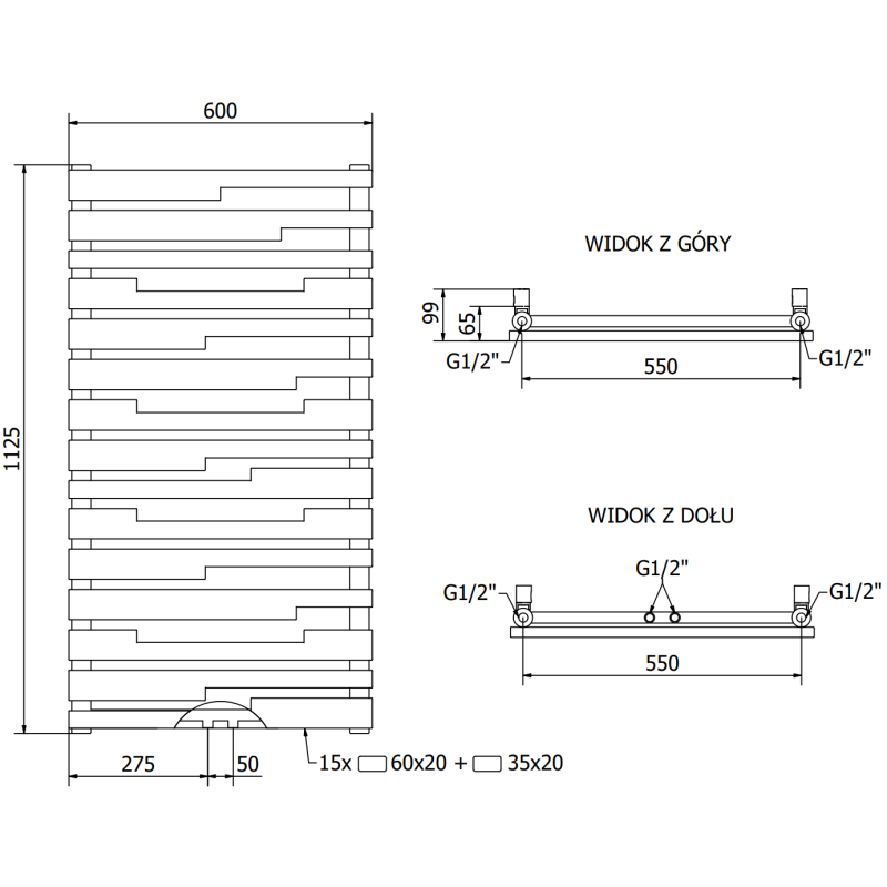 Mexen Provo dekorativ radiator 1125 x 600 mm, 799 W, svart - W209-1125-600-00-70