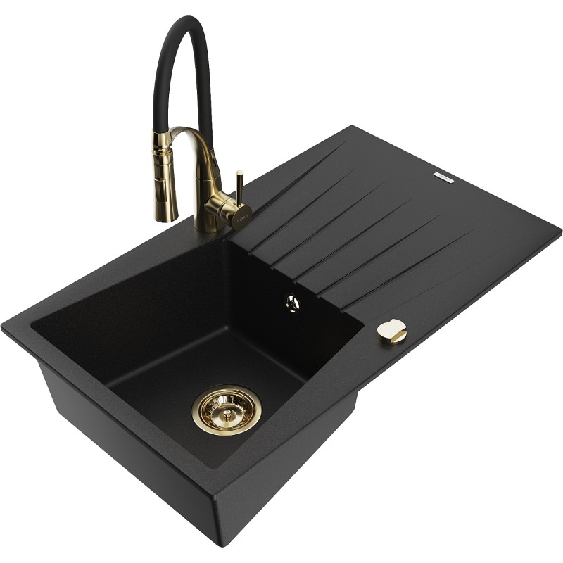 Mexen Cesar fregadero de granito de 1 cubeta con escurridor y grifo de cocina Aster, negro - 6514-77-73450-57-G