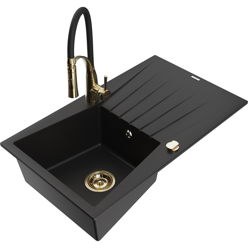 Mexen Cesar fregadero de granito de 1 seno con escurridor y grifo de cocina Aster, negro - 6514-77-73450-57-G