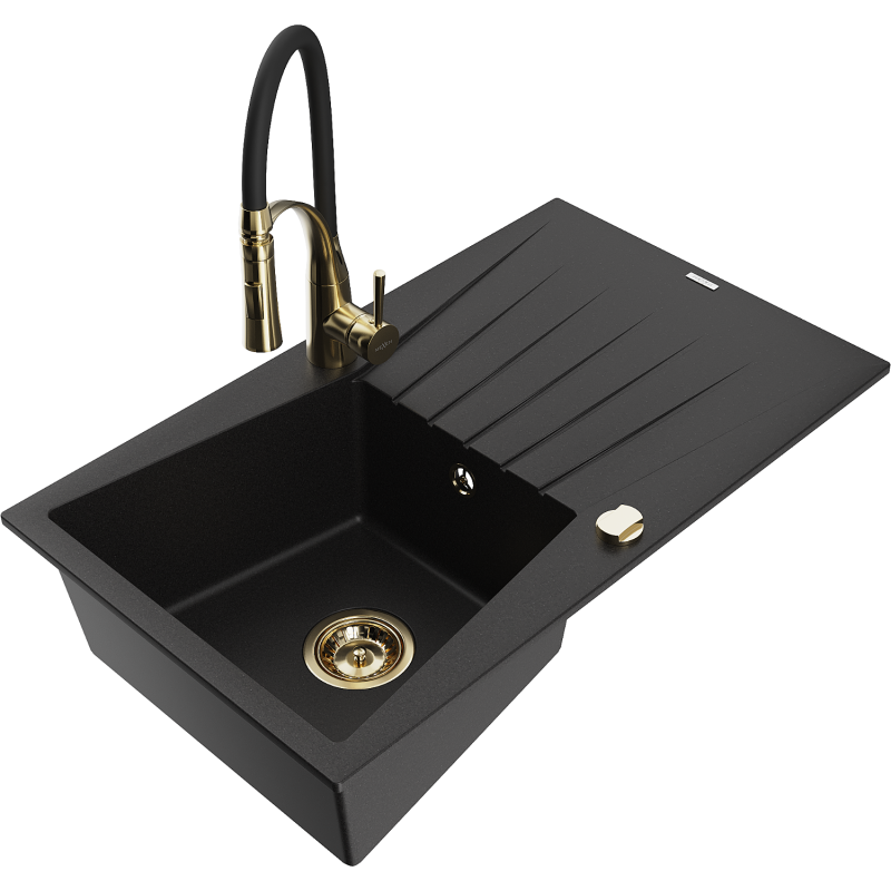 Mexen Cesar Granitspüle 1-Becken mit Abtropffläche und Küchenarmatur Aster, schwarz - 6514-77-73450-57-G
