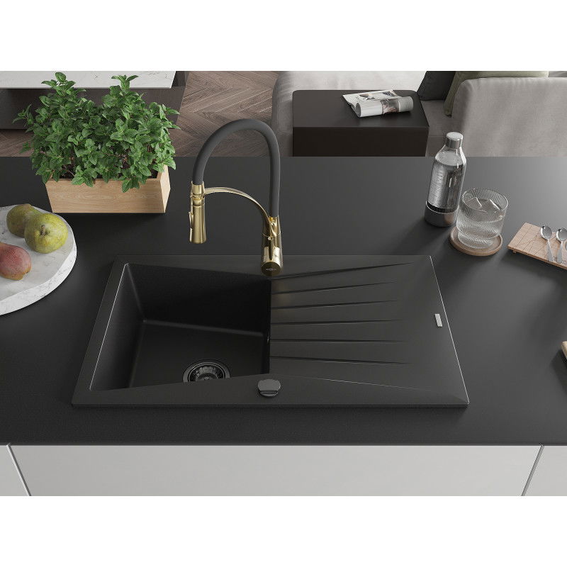 Mexen Cesar 1-compartment granite sink with a drip tray and kitchen mixer tap Aster, Black - 6514-77-73450-57-B