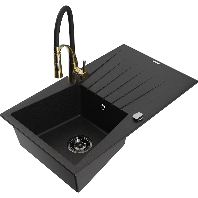 Mexen Cesar fregadero de granito de 1 tazón con escurridor y grifo de cocina Aster, negro - 6514-77-73450-57-B