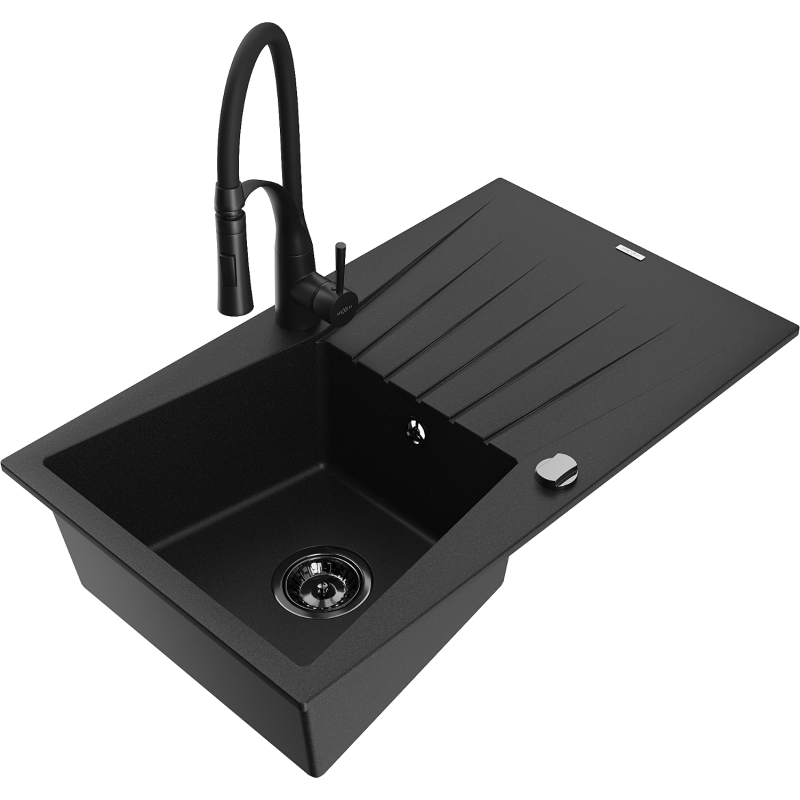 Mexen Cesar fregadero de granito de 1 cuba con escurridor y grifo de cocina Aster, negro - 6514-77-73450-70-B
