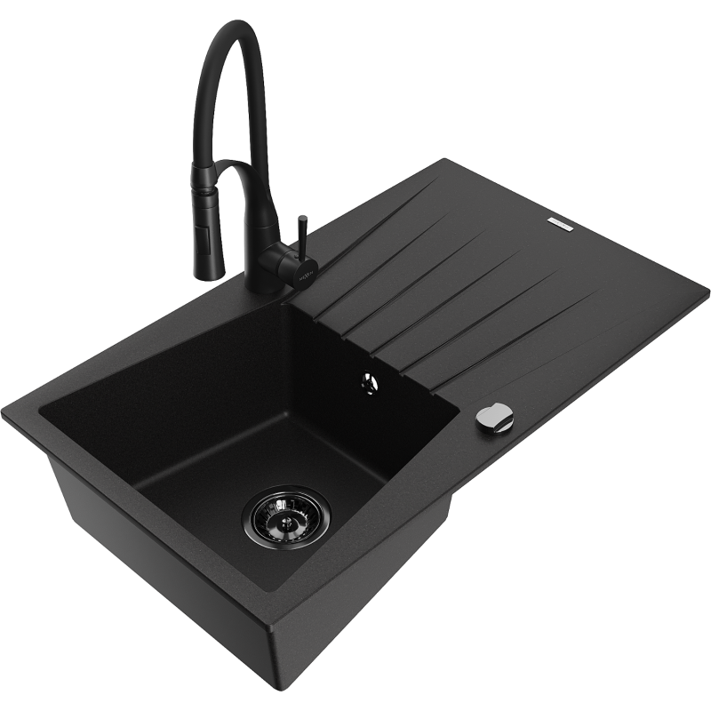 Mexen Cesar lavello in granito a 1 vasca con scolapiatti e rubinetto da cucina Aster, nero - 6514-77-73450-70-B