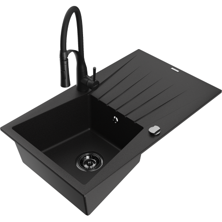 Mexen Cesar granite sink 1-bowl with drainer and Aster kitchen tap, black - 6514-77-73450-70-B