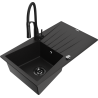 Mexen Cesar granite sink 1-bowl with drainer and Aster kitchen tap, black - 6514-77-73450-70-B