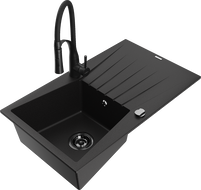 Mexen Cesar granite sink 1-bowl with drainer and Aster kitchen tap, black - 6514-77-73450-70-B