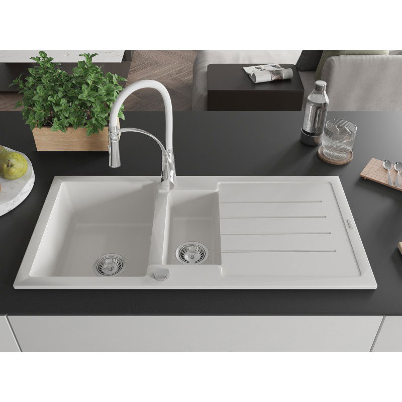 Mexen Andres granite sink 1.5-bowl with drainer and Aster kitchen tap, white - 6515-20-73450-02