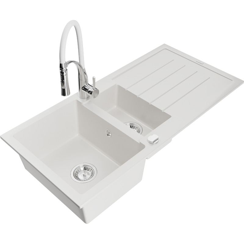 Mexen Andres 1,5-komorige granieten spoelbak met afdruiprek en keukenmengkraan Aster, wit - 6515-20-73450-02
