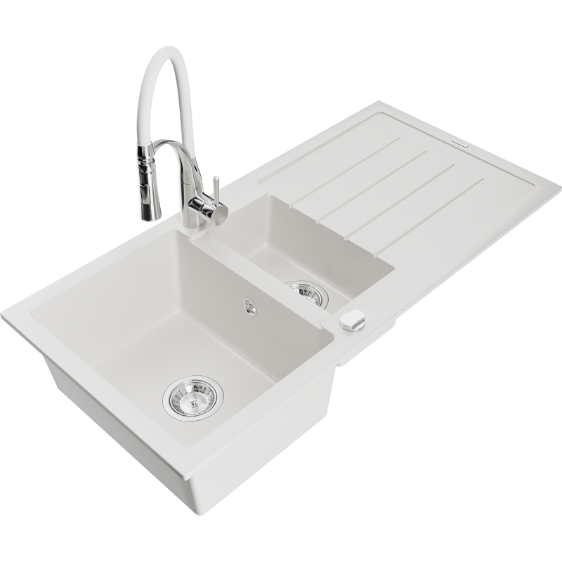 Mexen Andres fregadero de granito de 1,5 cubetas con escurridor y grifo de cocina Aster, blanco - 6515-20-73450-02
