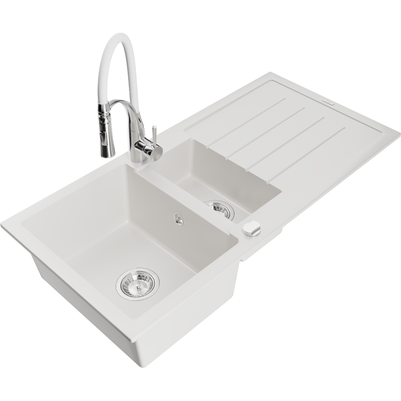 Mexen Andres granitdiskho med 1,5 kammare med avrinnings- och kökskran Aster, vit - 6515-20-73450-02