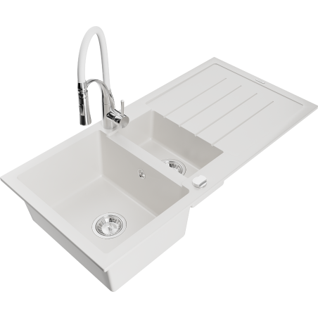 Mexen Andres lava-louça de granito de 1,5 cubas com escorredor e torneira de cozinha Aster, branco - 6515-20-73450-02