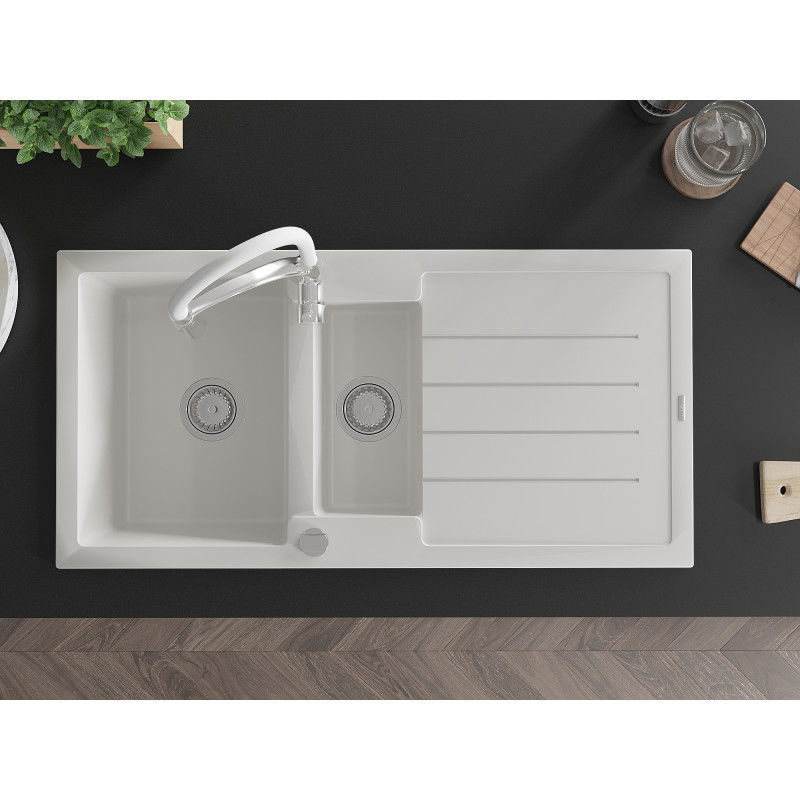 Mexen Andres fregadero de granito de 1,5 cubetas con escurridor y grifo de cocina Aster, blanco - 6515-20-73450-02