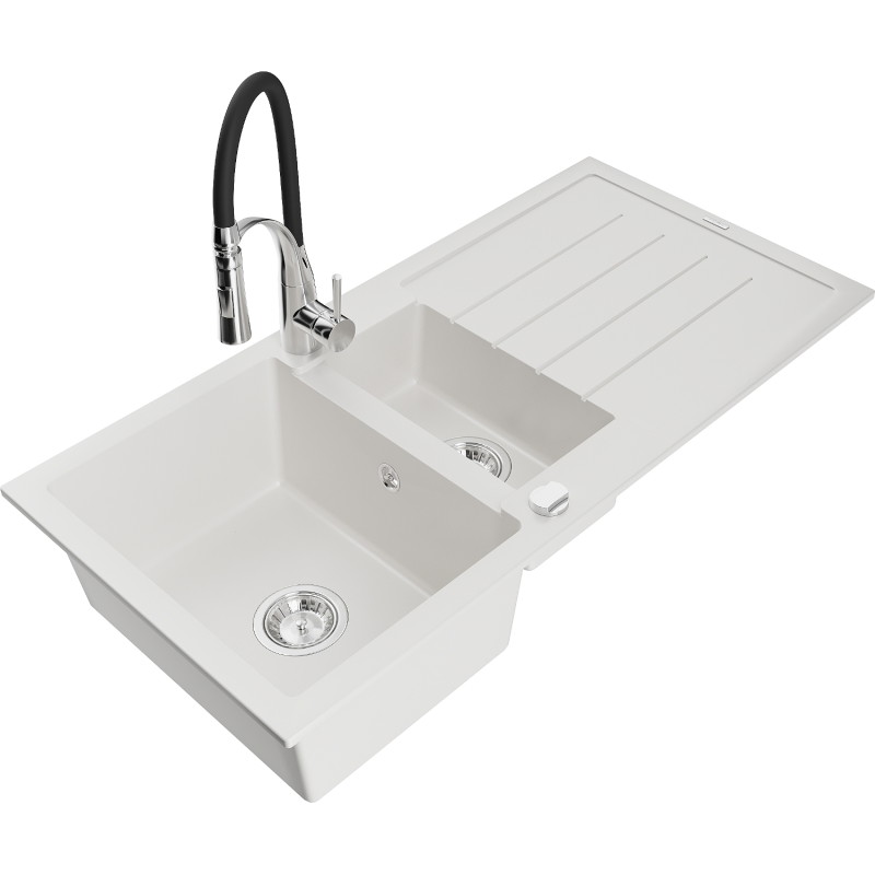 Mexen Andres granitische spoelbak 1,5-kamer met afdruiprek en keukenkraan Aster, wit - 6515-20-73450-07