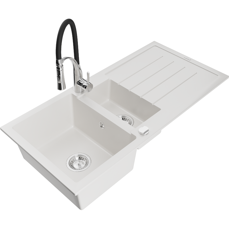 Mexen Andres lava-louça de granito 1,5 bacias com escorredor e torneira de cozinha Aster, branco - 6515-20-73450-07