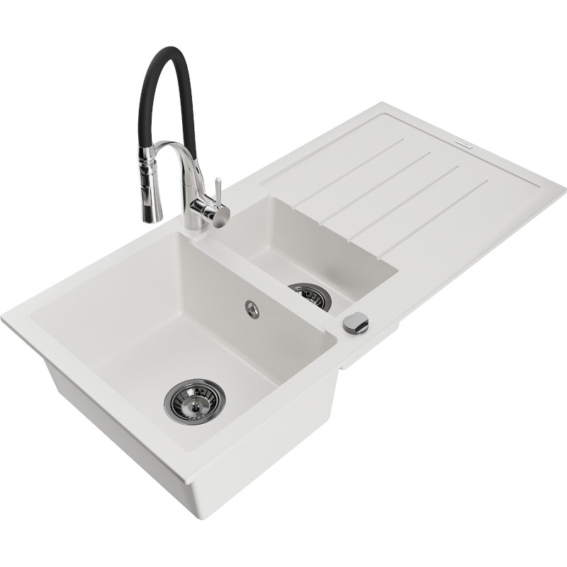 Mexen Andres fregadero de granito de 1,5 compartimentos con escurridor y grifo de cocina Aster, blanco - 6515-20-73450-07-B