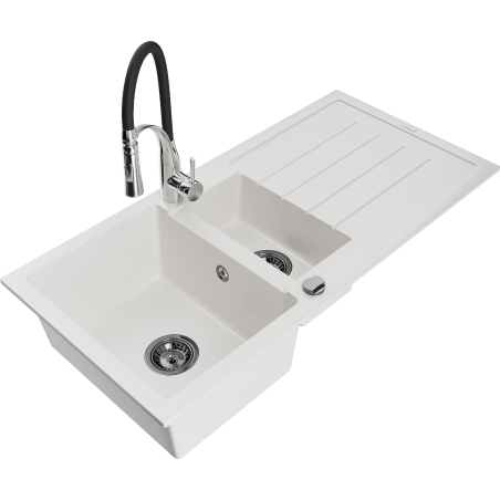 Mexen Andres granitno pomivalno korito z 1,5 posode s odcejevalnikom in kuhinjsko pipo Aster, belo - 6515-20-73450-07-B